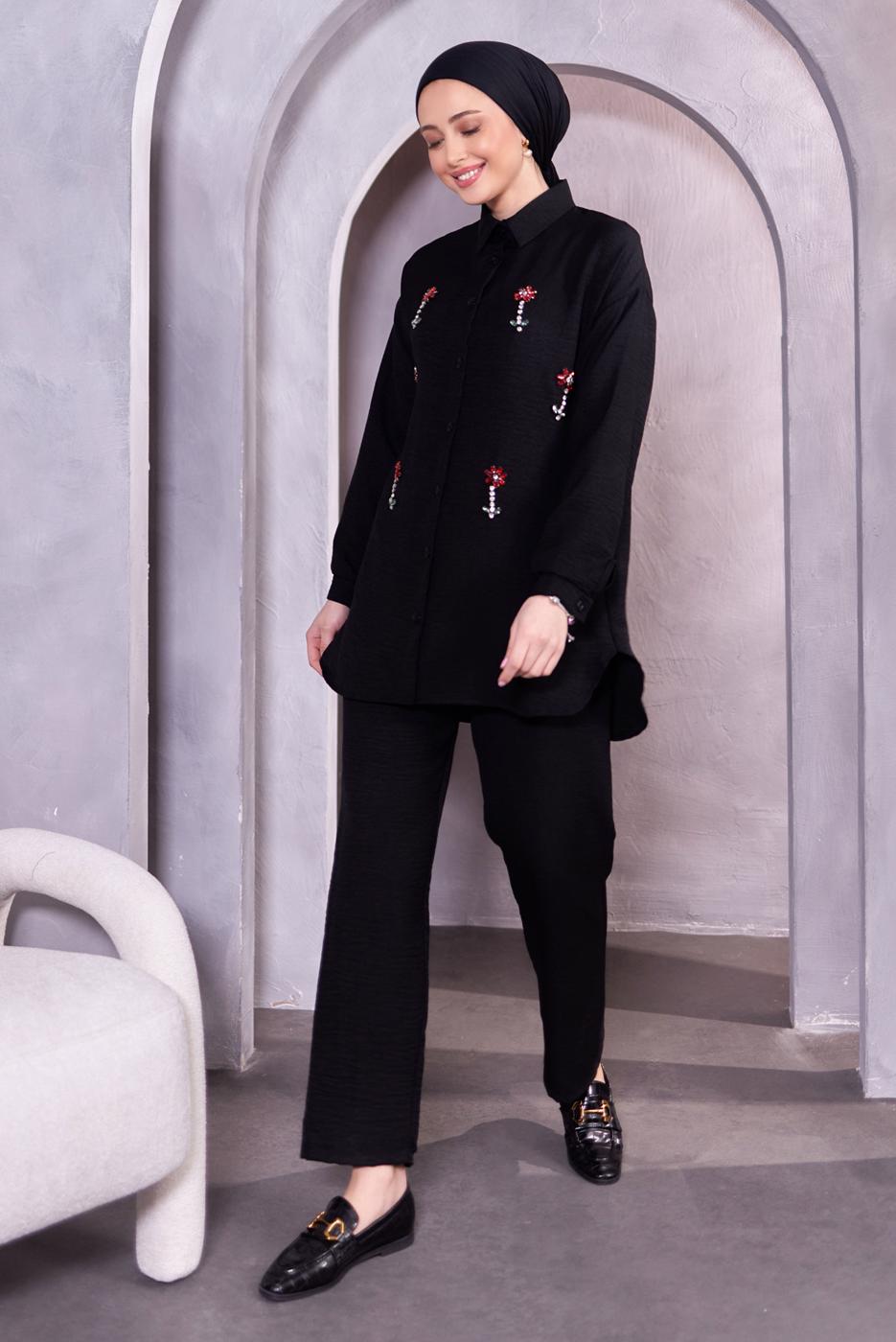 Tesettür giyim SİYAH TAŞ DETAYLI PANTOLONLU TAKIM T 2083