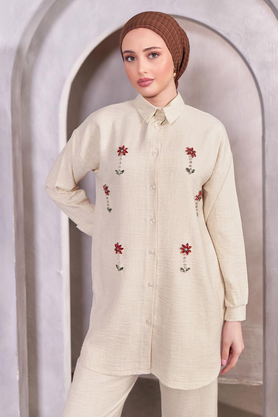 Tesettür giyim BEJ TAŞ DETAYLI PANTOLONLU TAKIM T 2083