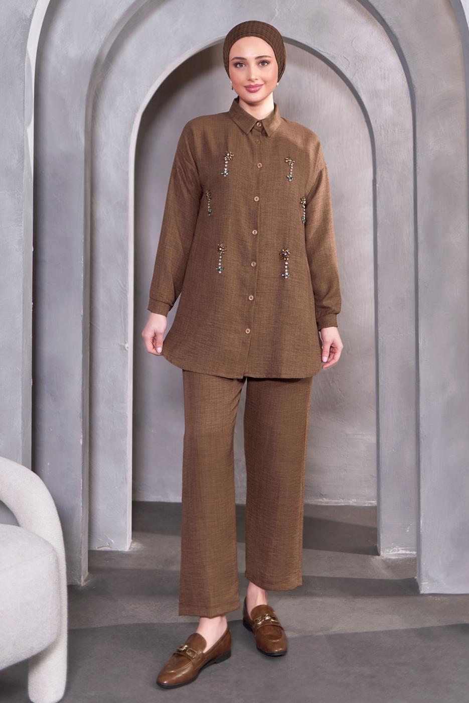 Tesettür giyim KAHVE TAŞ DETAYLI PANTOLONLU TAKIM T 2083