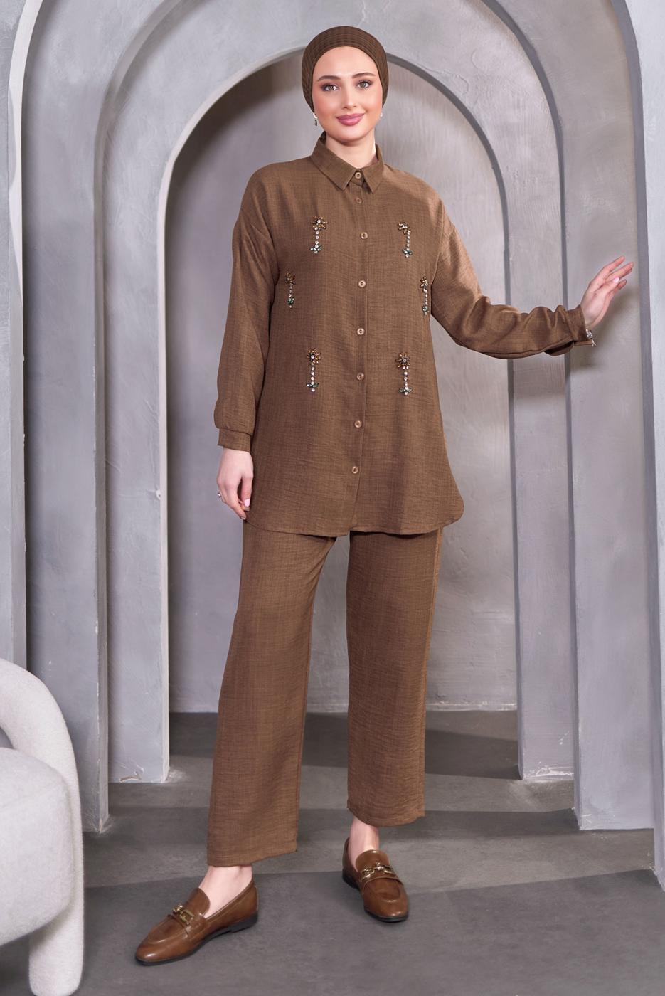 Tesettür giyim KAHVE TAŞ DETAYLI PANTOLONLU TAKIM T 2083