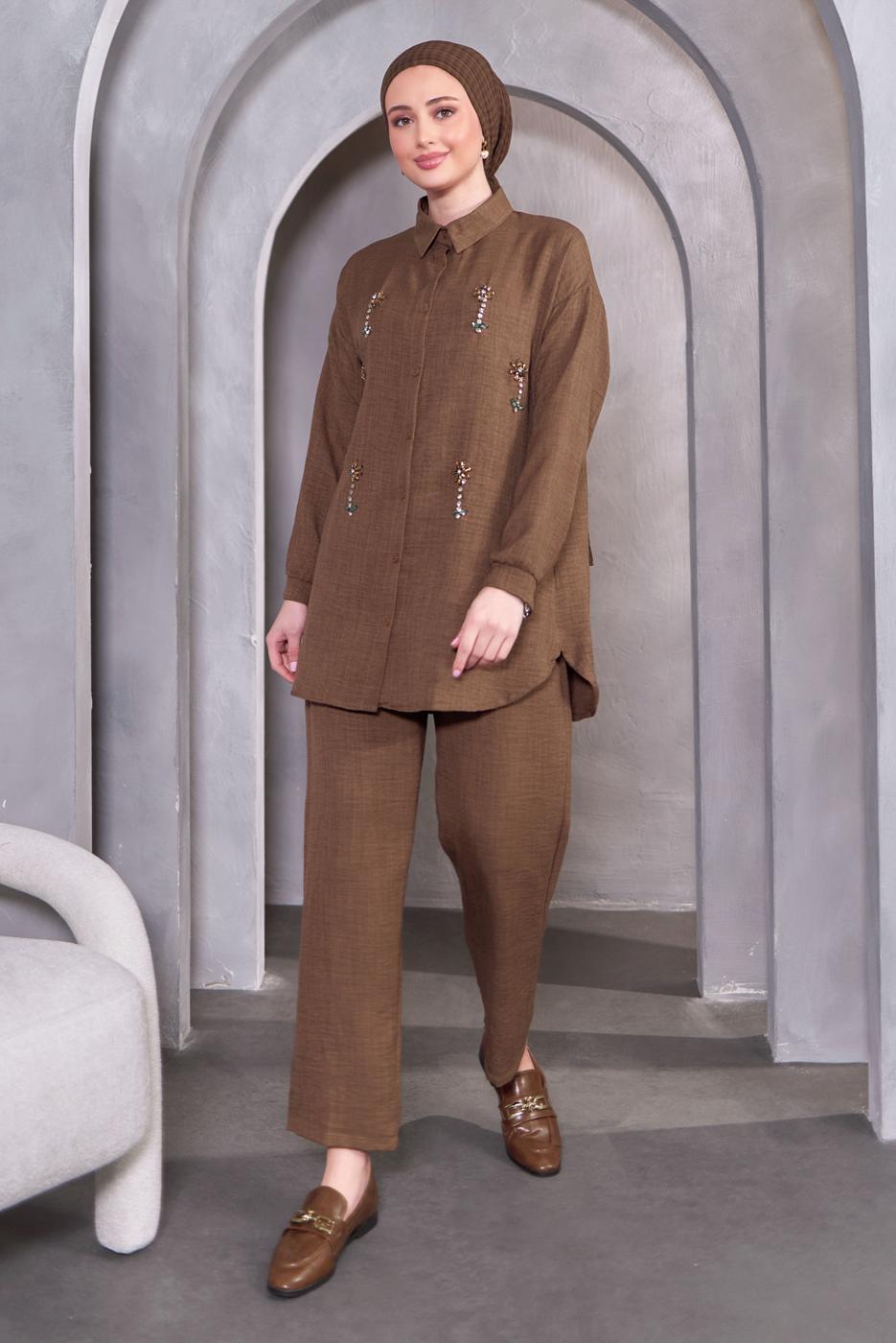 Tesettür giyim KAHVE TAŞ DETAYLI PANTOLONLU TAKIM T 2083