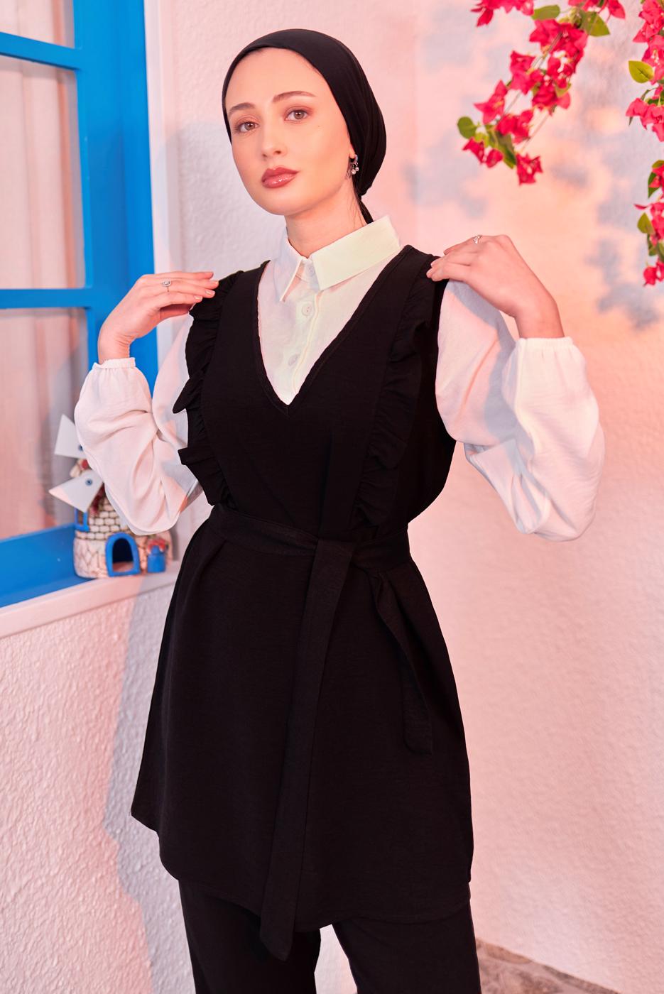 Tesettür giyim SİYAH KUŞAKLI PANTOLONLU TAKIM T 2093