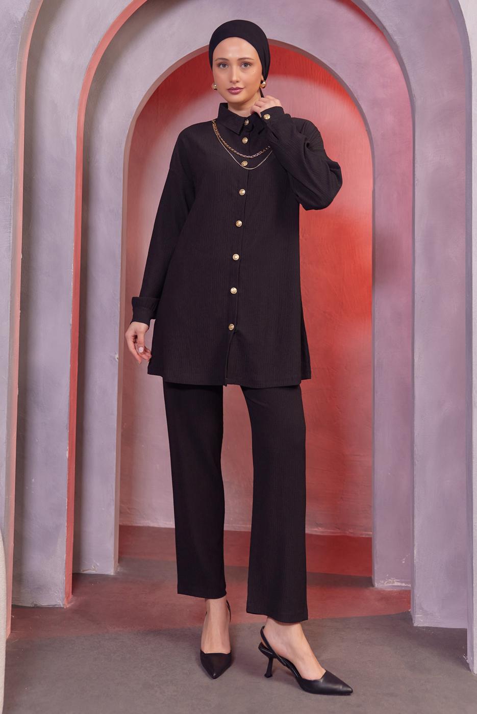 Tesettür giyim SİYAH ZİNCİR DETAYLI PANTOLONLU TAKIM T 2393