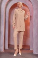 Tesettür giyim BEJ ZİNCİR DETAYLI PANTOLONLU TAKIM T 2393