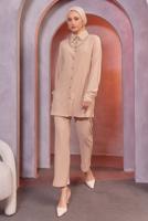 Tesettür giyim BEJ ZİNCİR DETAYLI PANTOLONLU TAKIM T 2393
