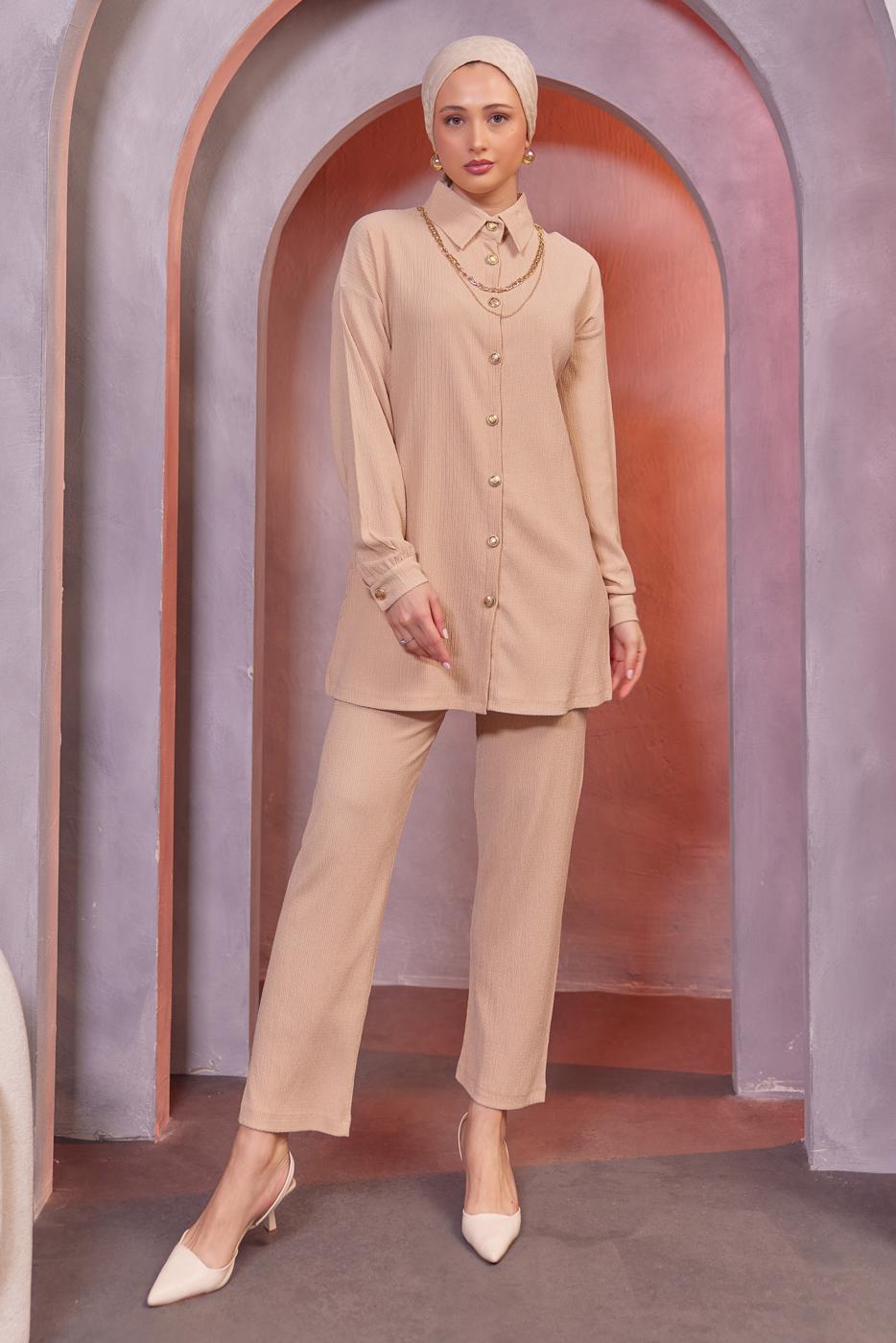 Tesettür giyim BEJ ZİNCİR DETAYLI PANTOLONLU TAKIM T 2393