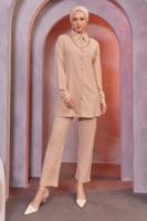 Tesettür giyim BEJ ZİNCİR DETAYLI PANTOLONLU TAKIM T 2393