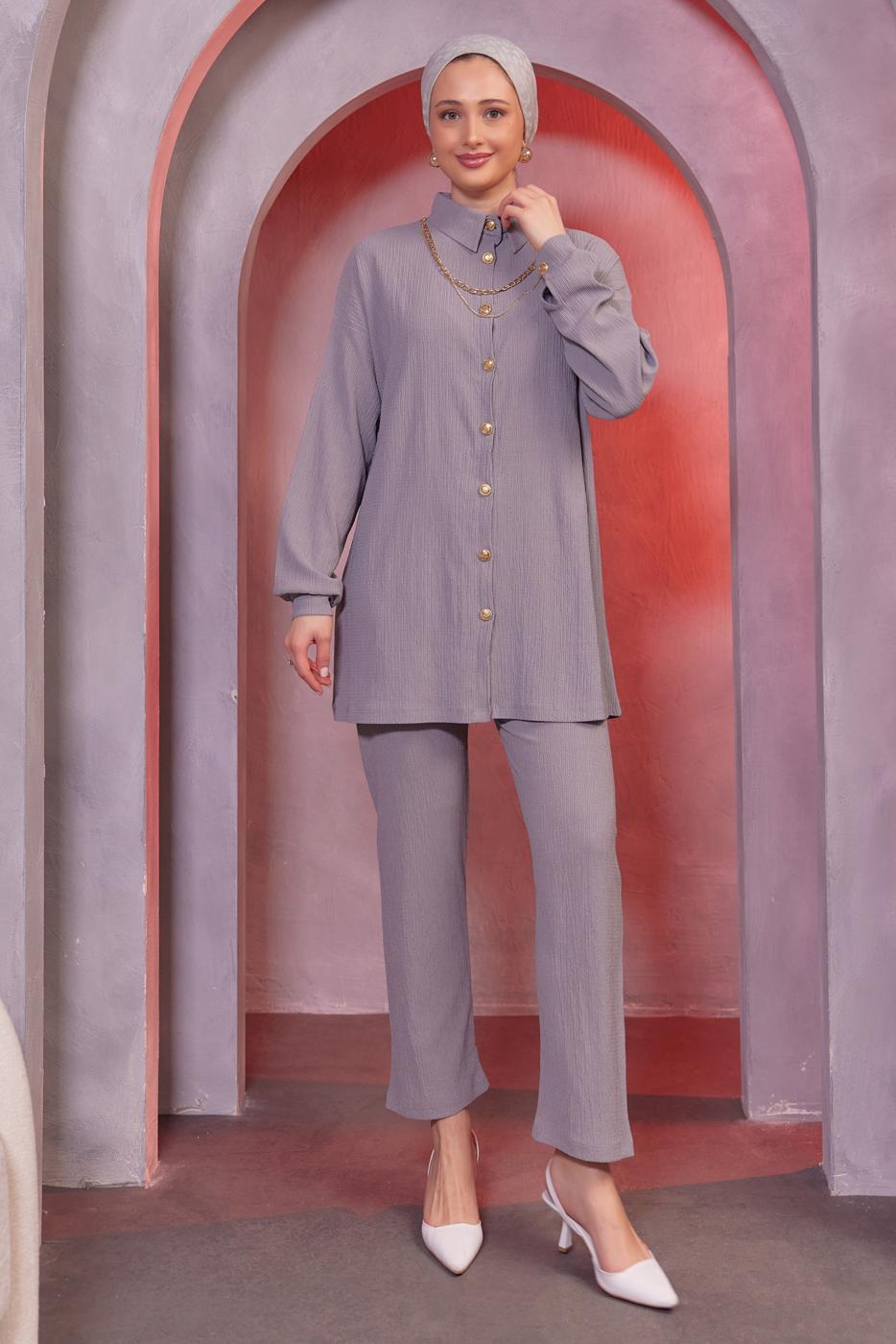 Tesettür giyim GRİ ZİNCİR DETAYLI PANTOLONLU TAKIM T 2393