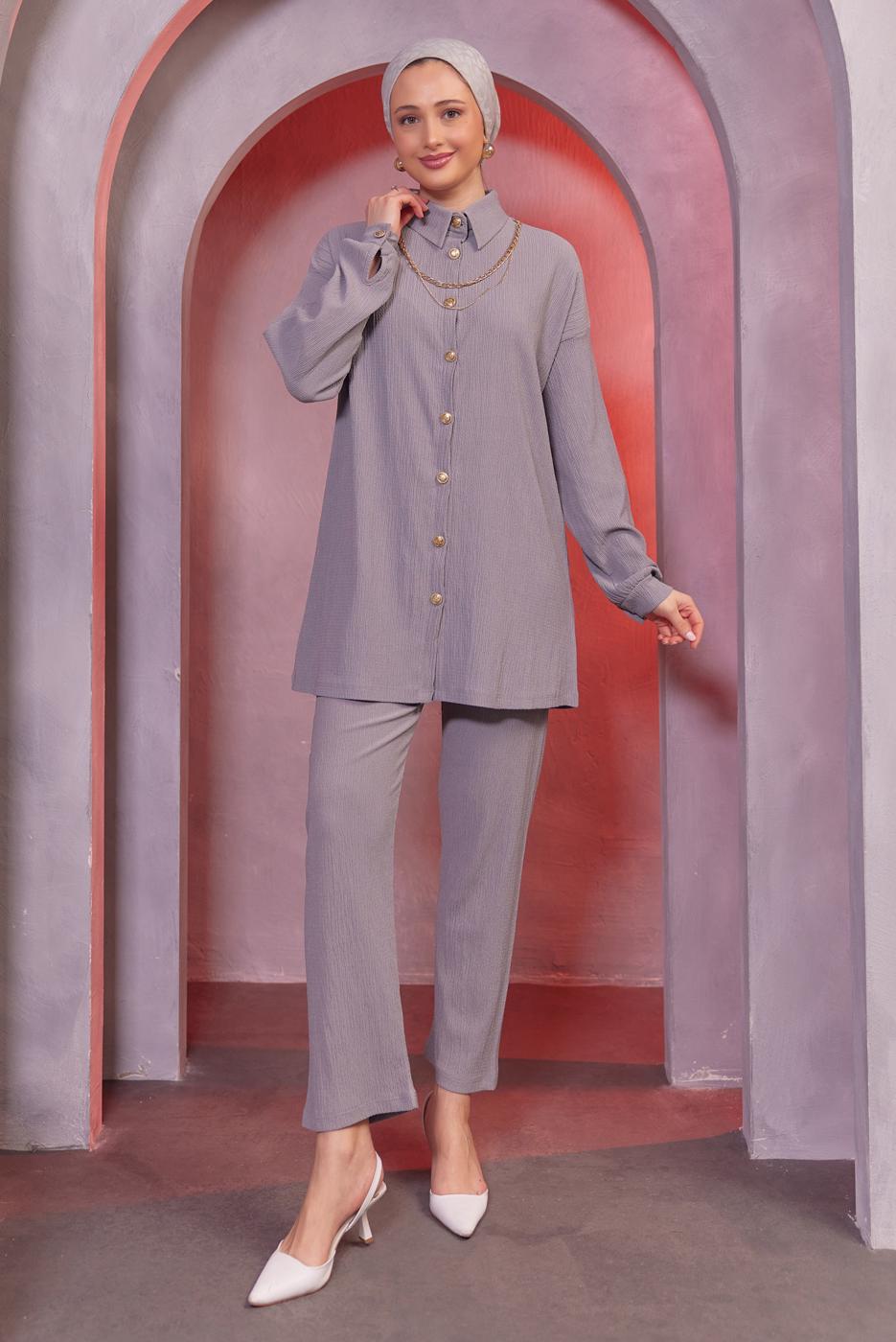Tesettür giyim GRİ ZİNCİR DETAYLI PANTOLONLU TAKIM T 2393