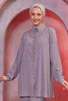 Tesettür giyim GRİ ZİNCİR DETAYLI PANTOLONLU TAKIM T 2393