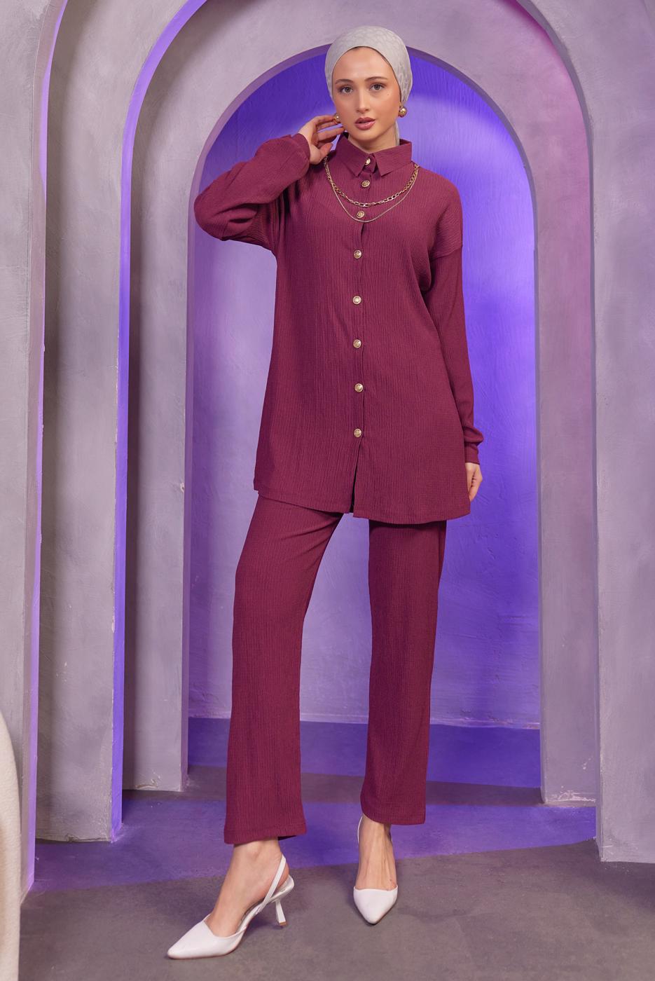 Tesettür giyim MÜRDÜM ZİNCİR DETAYLI PANTOLONLU TAKIM T 2393