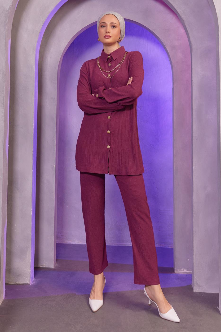 Tesettür giyim MÜRDÜM ZİNCİR DETAYLI PANTOLONLU TAKIM T 2393