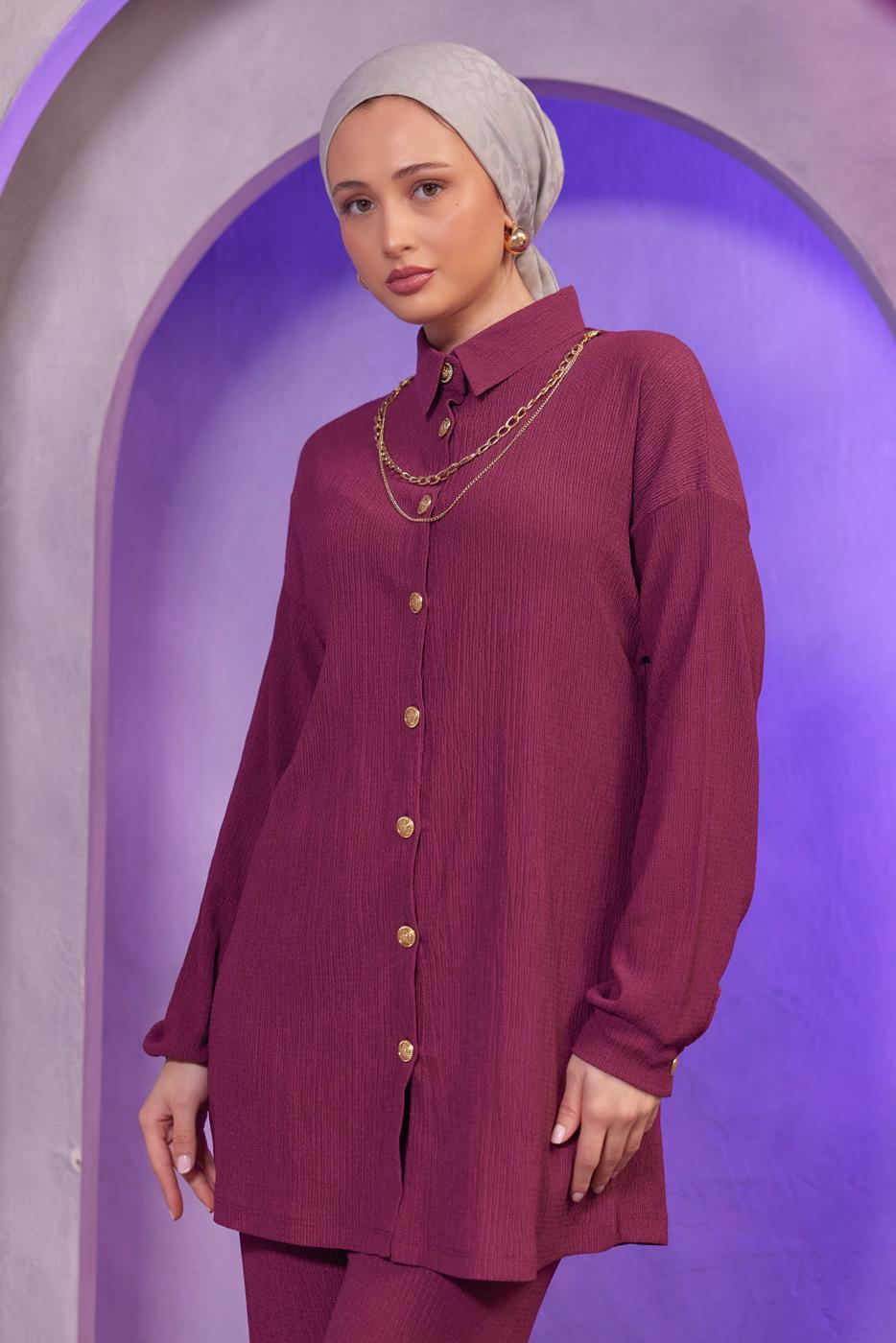 Tesettür giyim MÜRDÜM ZİNCİR DETAYLI PANTOLONLU TAKIM T 2393