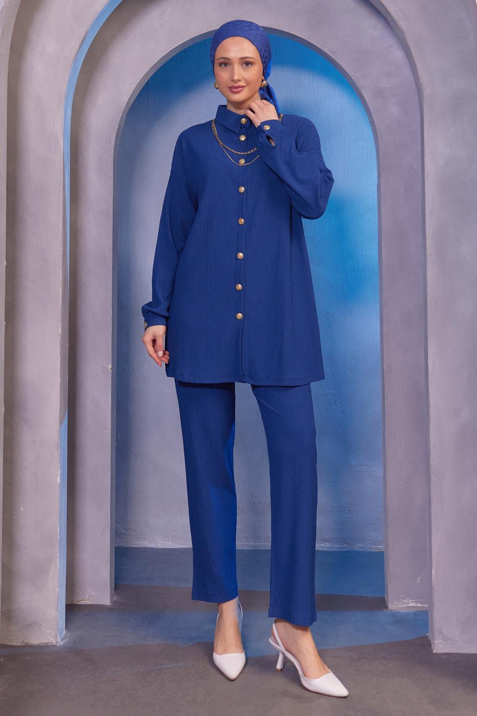Tesettür giyim LACİVERT ZİNCİR DETAYLI PANTOLONLU TAKIM T 2393