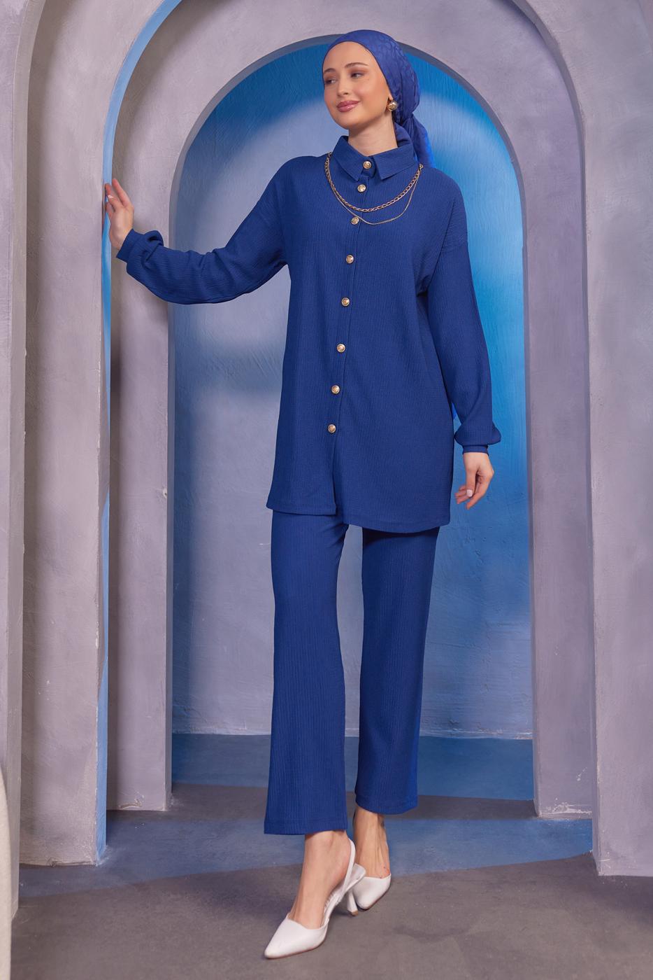 Tesettür giyim LACİVERT ZİNCİR DETAYLI PANTOLONLU TAKIM T 2393