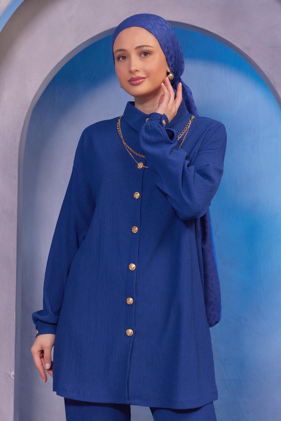 Tesettür giyim LACİVERT ZİNCİR DETAYLI PANTOLONLU TAKIM T 2393