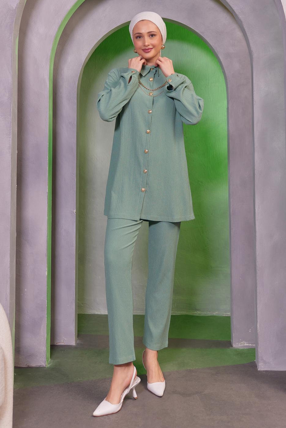 Tesettür giyim YEŞİL ZİNCİR DETAYLI PANTOLONLU TAKIM T 2393