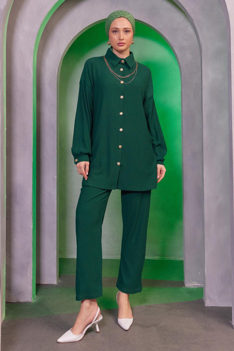 Tesettür giyim YEŞİL ZİNCİR DETAYLI PANTOLONLU TAKIM T 2393
