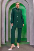 Tesettür giyim YEŞİL ZİNCİR DETAYLI PANTOLONLU TAKIM T 2393