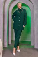 Tesettür giyim YEŞİL ZİNCİR DETAYLI PANTOLONLU TAKIM T 2393