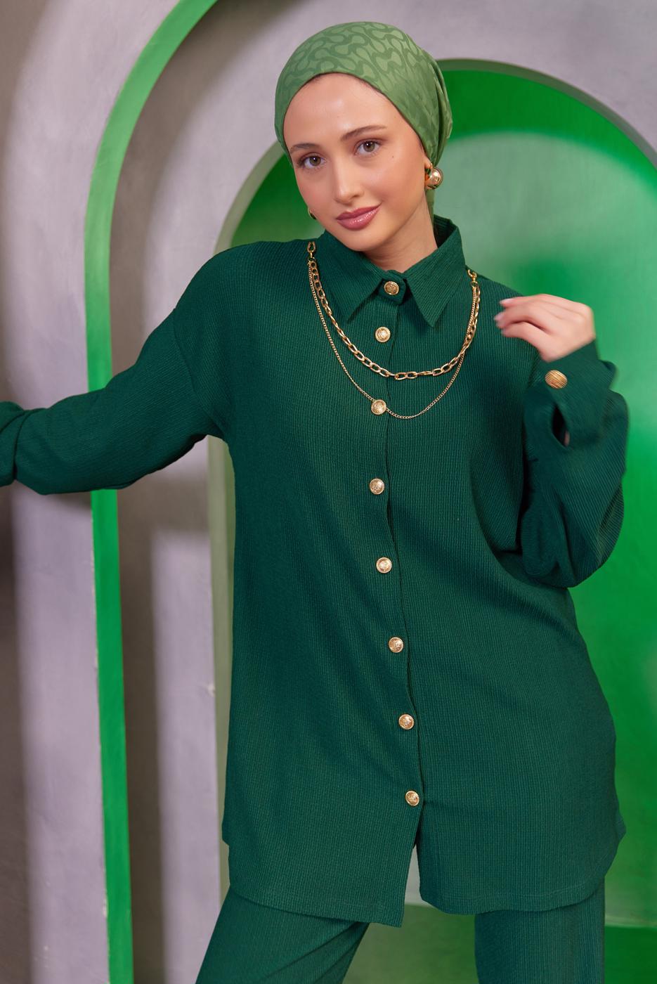 Tesettür giyim YEŞİL ZİNCİR DETAYLI PANTOLONLU TAKIM T 2393