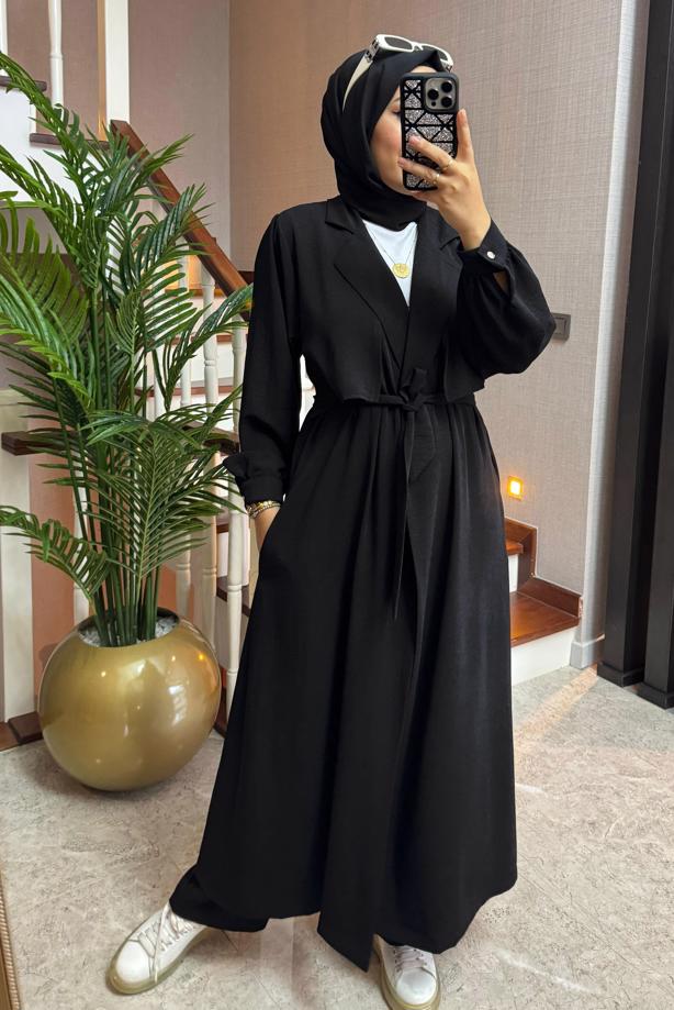 Tesettür giyim SİYAH KUŞAKLI PANTOLONLU TAKIM T 2528 - TRENDTESETTÜR
