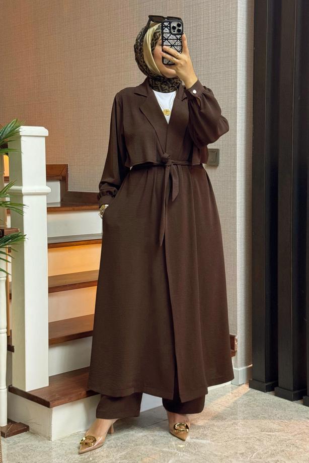 Tesettür giyim KAHVE KUŞAKLI PANTOLONLU TAKIM T 2528 - TRENDTESETTÜR