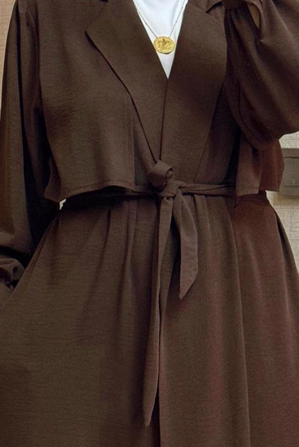 Tesettür giyim KAHVE KUŞAKLI PANTOLONLU TAKIM T 2528 - TRENDTESETTÜR