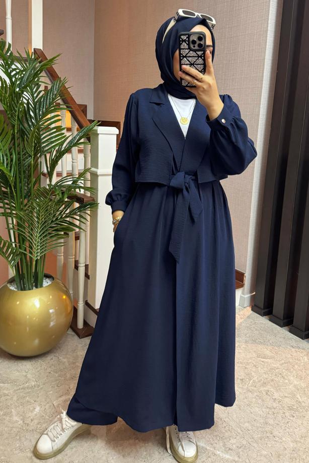 Tesettür giyim LACİVERT KUŞAKLI PANTOLONLU TAKIM T 2528 - TRENDTESETTÜR