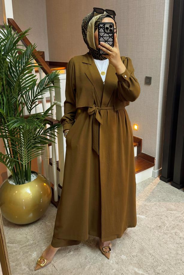 Tesettür giyim TABA KUŞAKLI PANTOLONLU TAKIM T 2528 - TRENDTESETTÜR