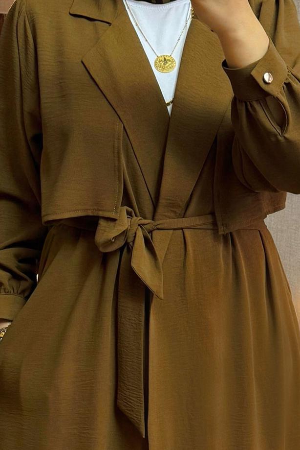 Tesettür giyim TABA KUŞAKLI PANTOLONLU TAKIM T 2528 - TRENDTESETTÜR