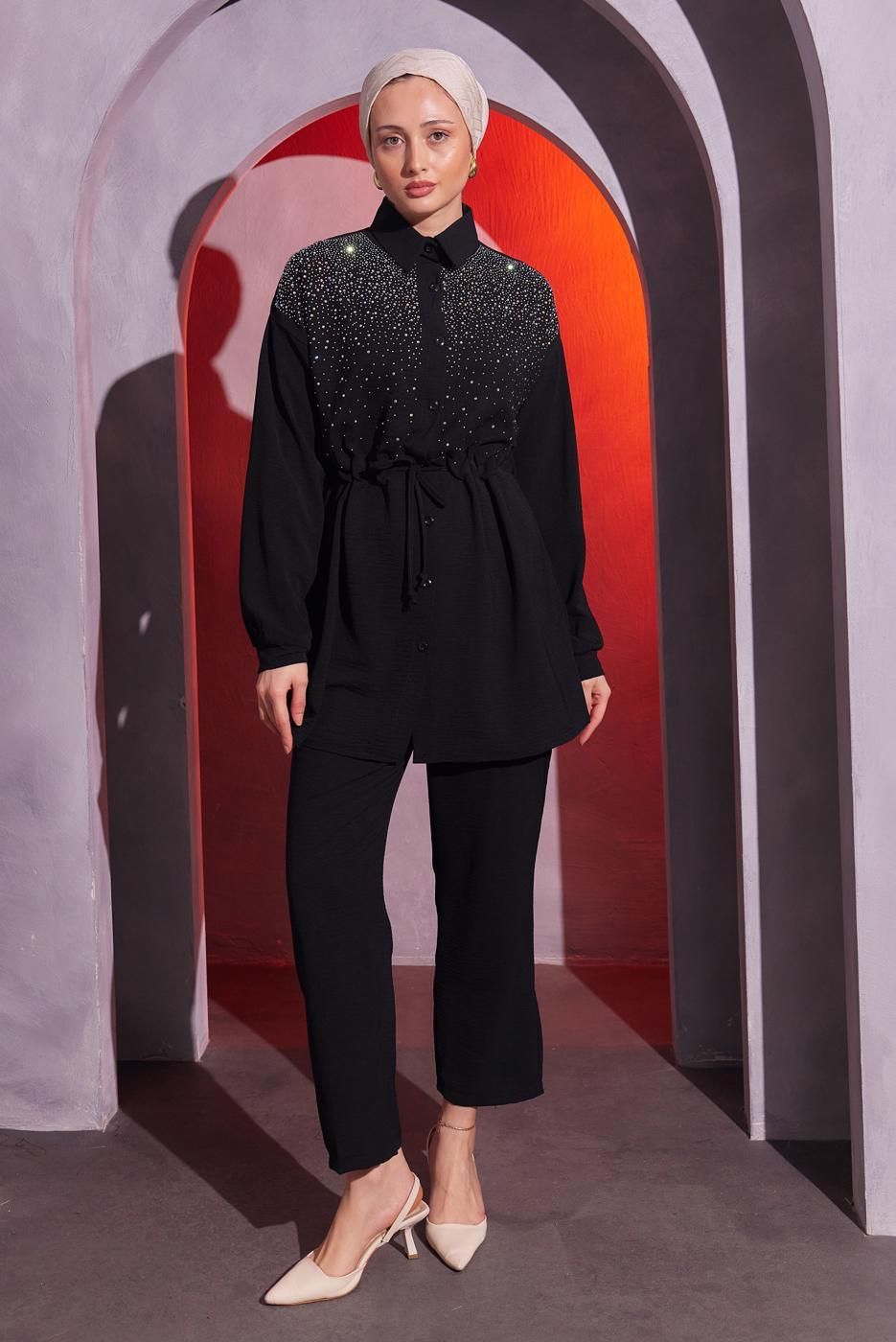 Tesettür giyim SİYAH TAŞ DETAYLI PANTOLONLU TAKIM T 2804