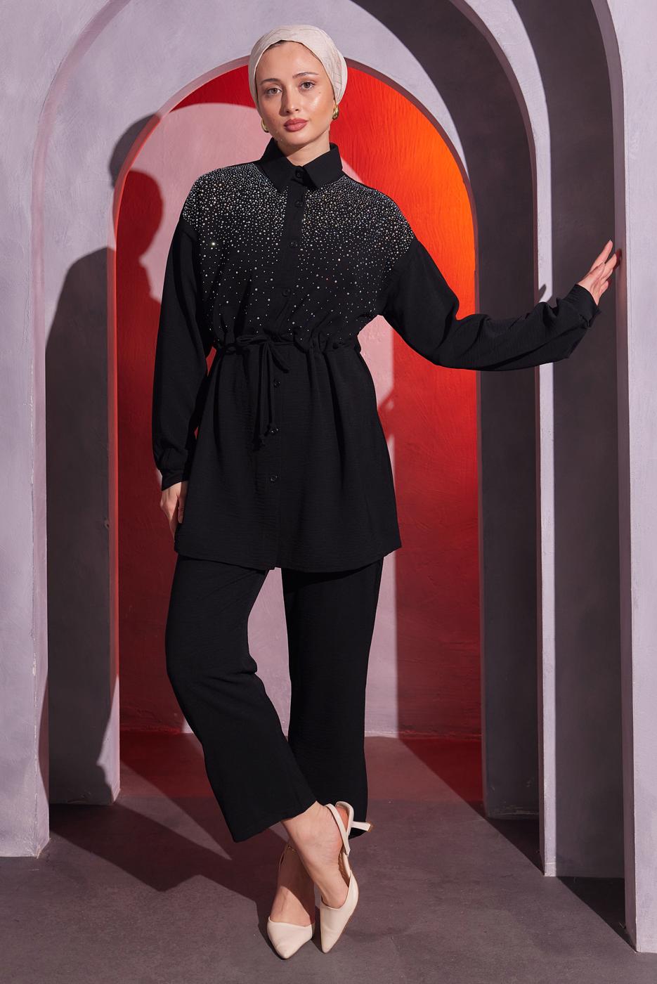 Tesettür giyim SİYAH TAŞ DETAYLI PANTOLONLU TAKIM T 2804
