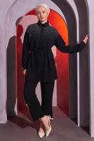 Tesettür giyim SİYAH TAŞ DETAYLI PANTOLONLU TAKIM T 2804