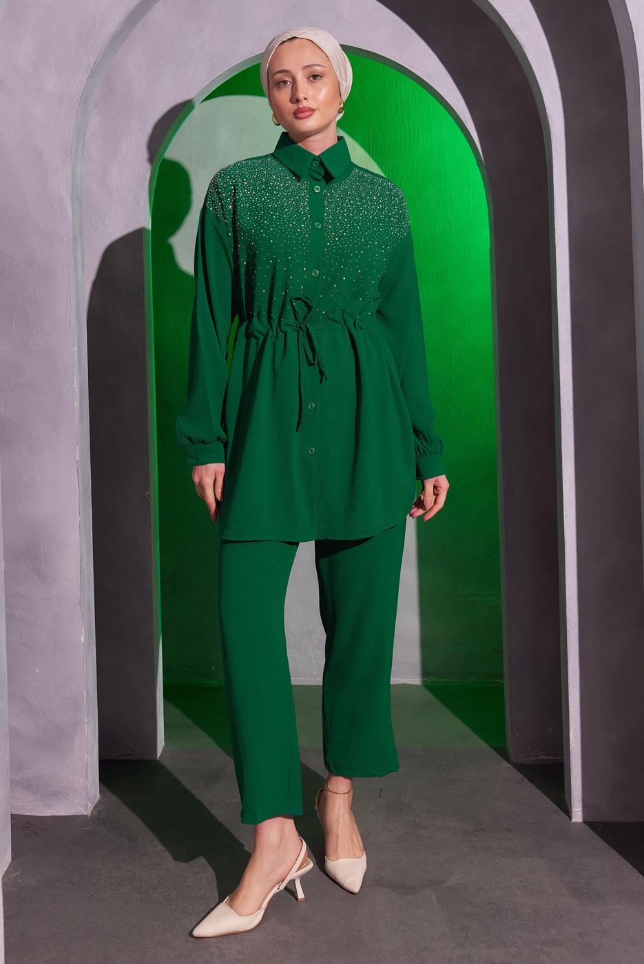 Tesettür giyim YEŞİL TAŞ DETAYLI PANTOLONLU TAKIM T 2804
