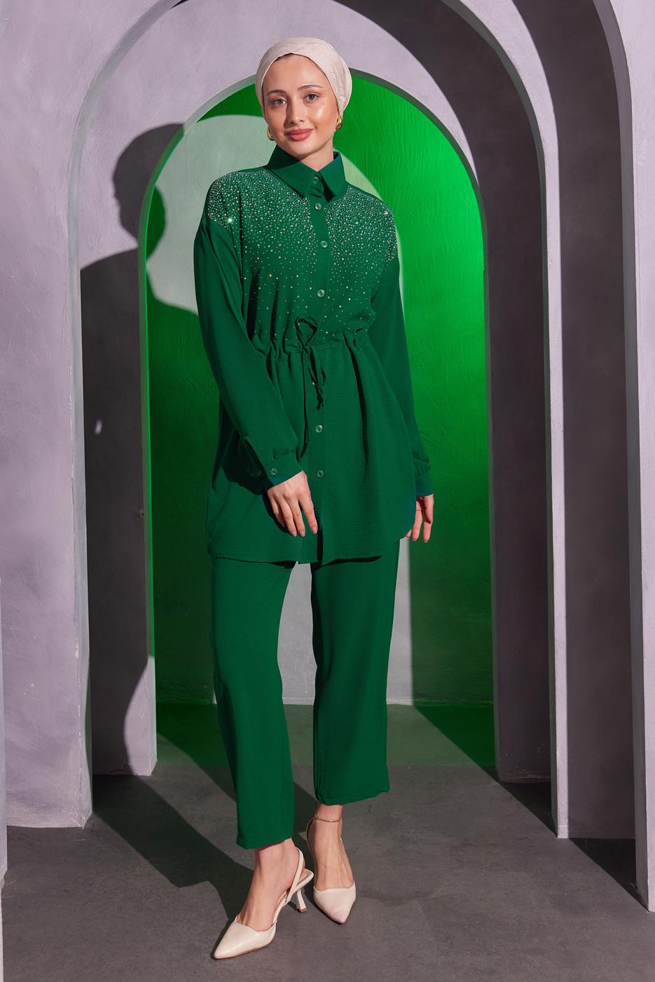 Tesettür giyim YEŞİL TAŞ DETAYLI PANTOLONLU TAKIM T 2804