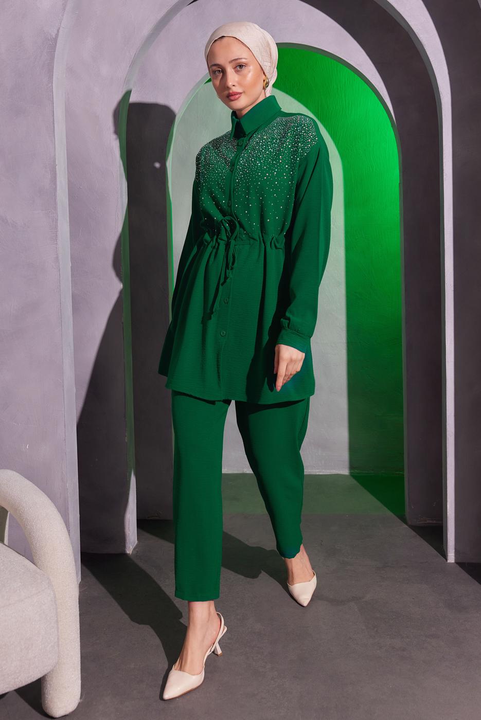 Tesettür giyim YEŞİL TAŞ DETAYLI PANTOLONLU TAKIM T 2804