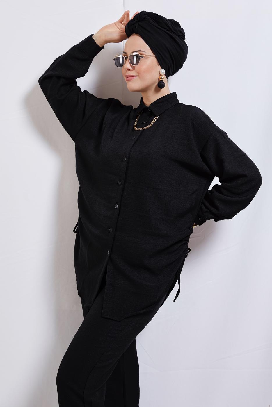 Tesettür giyim SİYAH ZİNCİR DETAYLI PANTOLONLU TAKIM T 2812