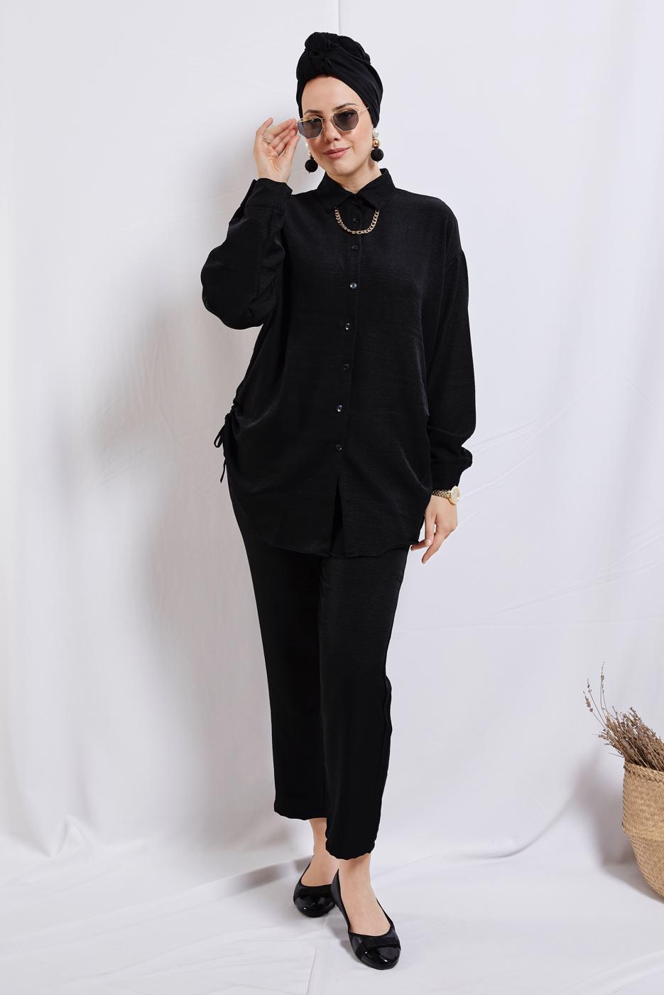 Tesettür giyim SİYAH ZİNCİR DETAYLI PANTOLONLU TAKIM T 2812