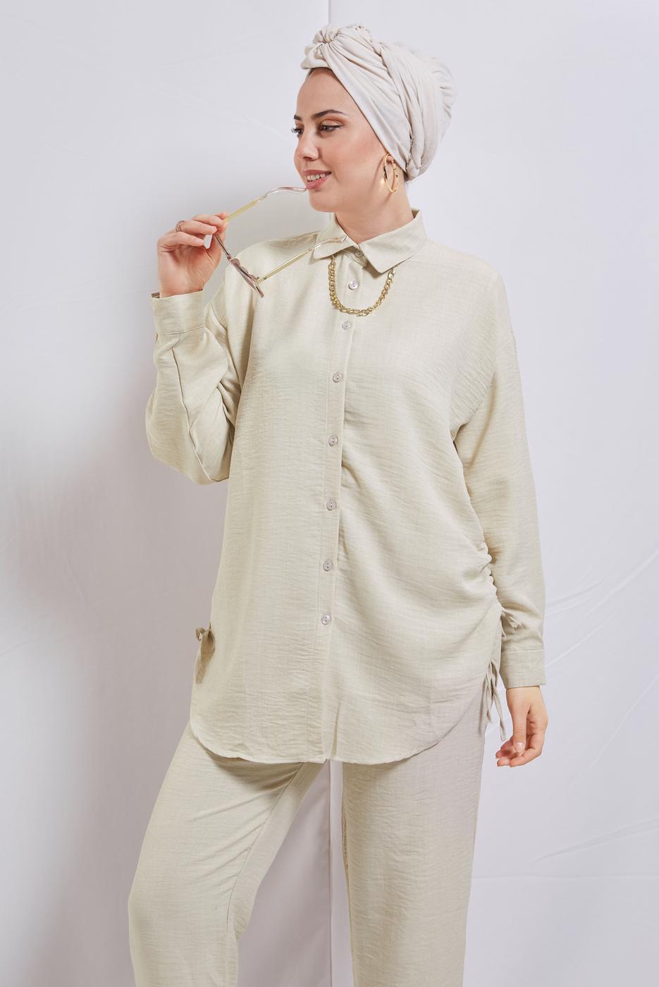 Tesettür giyim BEJ ZİNCİR DETAYLI PANTOLONLU TAKIM T 2812