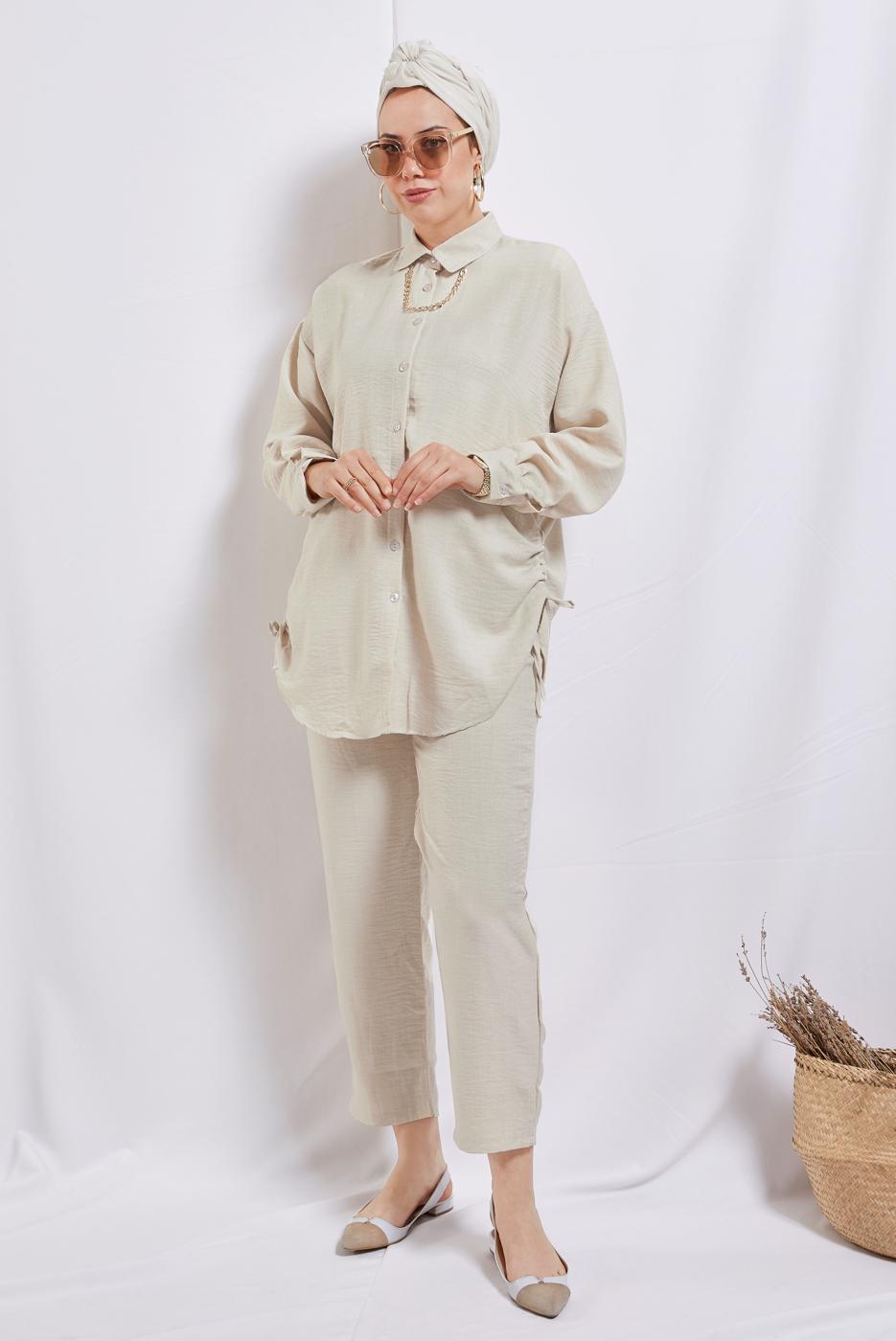 Tesettür giyim BEJ ZİNCİR DETAYLI PANTOLONLU TAKIM T 2812