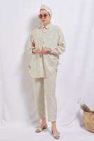 Tesettür giyim BEJ ZİNCİR DETAYLI PANTOLONLU TAKIM T 2812