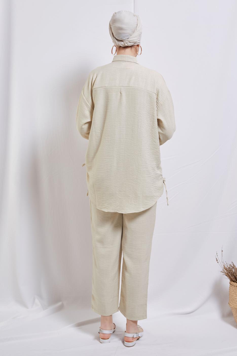 Tesettür giyim BEJ ZİNCİR DETAYLI PANTOLONLU TAKIM T 2812