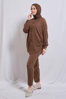 Tesettür giyim KAHVE ZİNCİR DETAYLI PANTOLONLU TAKIM T 2812