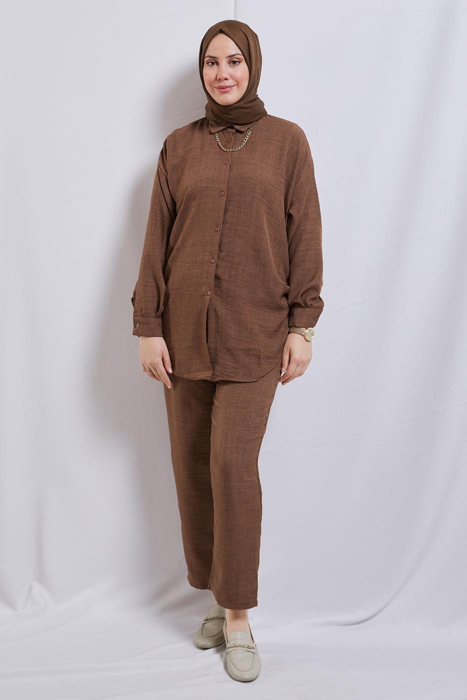 Tesettür giyim KAHVE ZİNCİR DETAYLI PANTOLONLU TAKIM T 2812