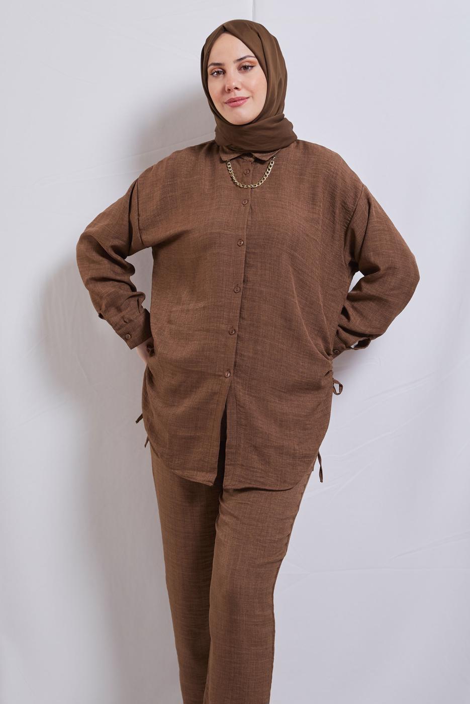 Tesettür giyim KAHVE ZİNCİR DETAYLI PANTOLONLU TAKIM T 2812