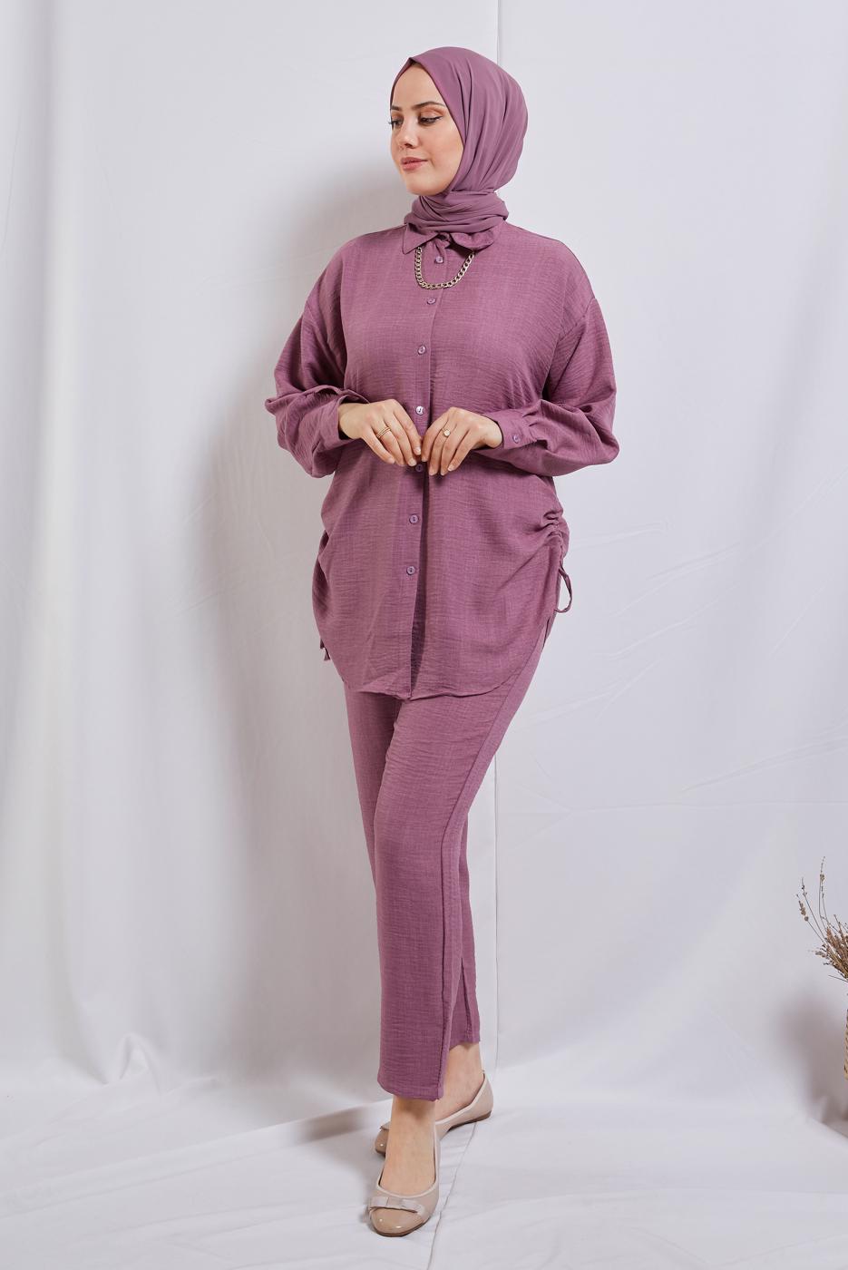 Tesettür giyim PEMBE ZİNCİR DETAYLI PANTOLONLU TAKIM T 2812