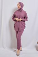 Tesettür giyim PEMBE ZİNCİR DETAYLI PANTOLONLU TAKIM T 2812