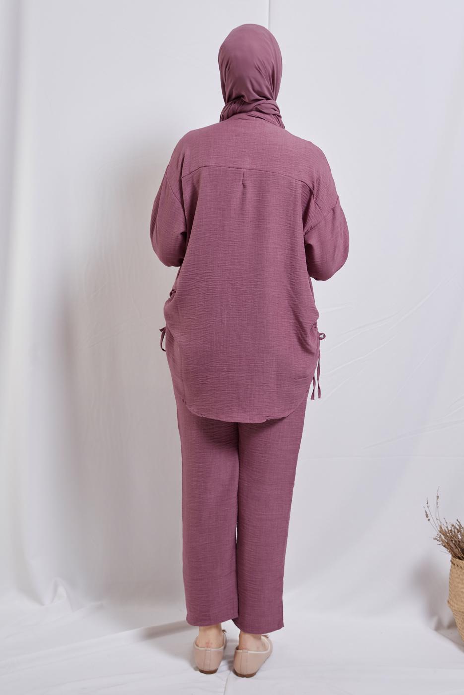 Tesettür giyim PEMBE ZİNCİR DETAYLI PANTOLONLU TAKIM T 2812