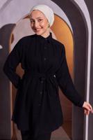 Tesettür giyim SİYAH KUŞAKLI PANTOLONLU MÜSLİN TAKIM T 2904